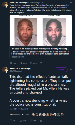 fallinforaguyfelldownfromthesky: rikodeine:  vague-humanoid:   The case of the missing tattoos: Altered photo lineup by Portland police draws objection   16th of August 2019   …you mean, people are actually DEBATING whether or not faking a mugshot in