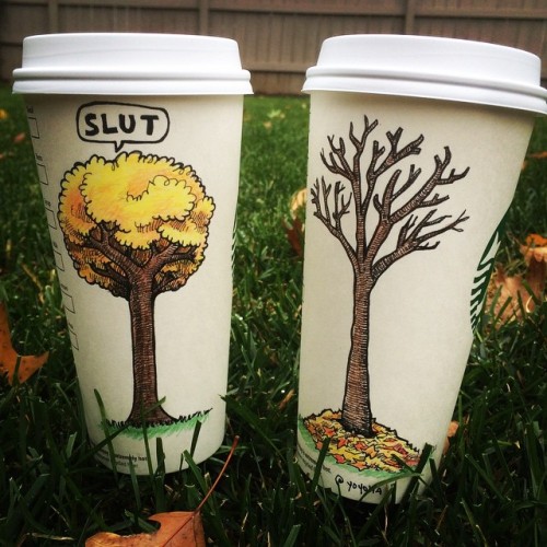 tastefullyoffensive:  Cartoonist Josh Hara Draws on His Coffee Cup(s) Every Morning [via]Previously: How to Get 10% Off Your Order at Not a Burger Stand