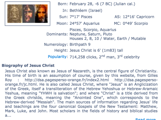 dark-astrology:  According to astrotheme.com Jesus was a Pisces sun, Aquarius moon, Capricorn rising while the Anti-Christ is triple Aquarius……..?????? spooky