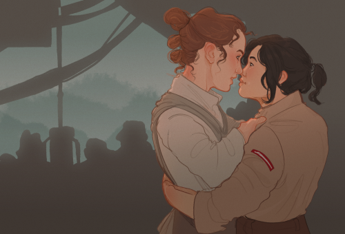 starshinelesbian:pencilscratchins:soups on, lesbians [twitter] [ID: A digital drawing of Rey and Ros