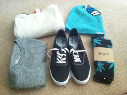 lovesickatspacecamp:  Tumblr giveaway.  I’m giving away these items  Plus items not pictured Items in giveaway:  Gray shirt size L H&amp;M  Creme sweater L H&amp;M  Light blue Neff Beanie  Navy shoes size 10 HUF socks (one size fits all) Also includes