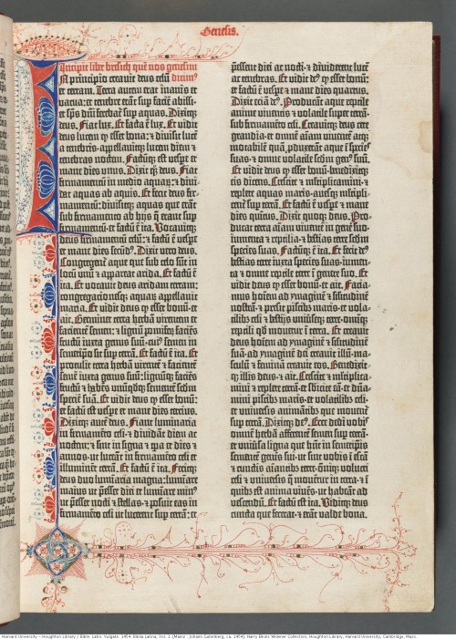 Biblia Latina. Mainz: Johann Gutenberg, ca. 1454.Harry Elkins Widener Collection Houghton Library, H