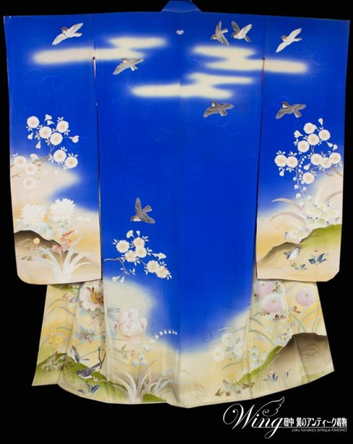 Impressive antique furisode (seen on), with lovely sparrows over lush peony, cherry blossoms, chrysa