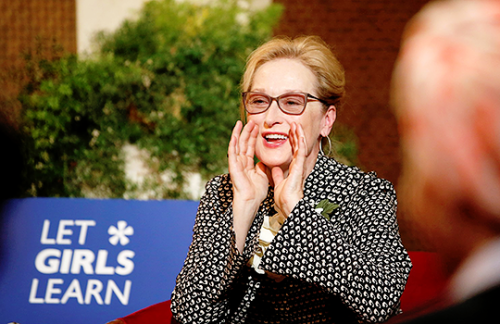 Michelle Obama and Meryl Streep speak during a conversation with Moroccan adolescent girls moderated