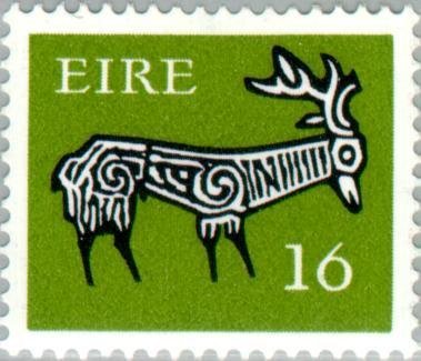 stamp-it-to-me:two 1980 Irish stamps depicting stags stylized similarly to early Irish art