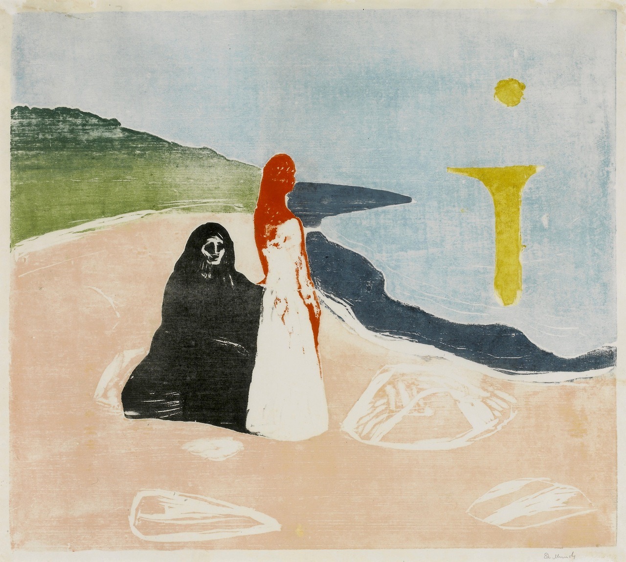 solarsisterss:  Two women on the shore (woodcut, 1898) Edvard Munch 