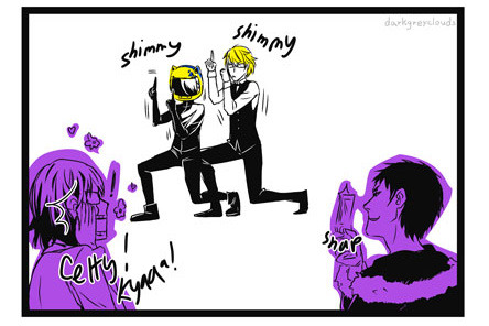 darkgreyclouds:  You know how Celty and Shizuo always react in sync? This makes them a great pair to do some kind of synchronized dance in a talent show or something…