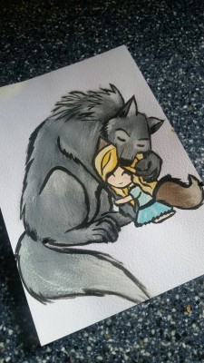 prettyprincessmoonbeam:  Last night, Daddy let me stay up way past my bedtime and watch Wolf Children with him! It inspired me to paint Moonbeam as a wolf child with her Daddy Wolf. ♡🐺♡   SO CUTE!