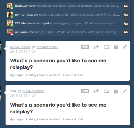 loyalbloggerwhowaits:    Let me talk to you about a concept called Reblog Karma It’s not an official Tumblr Rule yet, but I think it should be If you see an askbox meme being reblogged by someone, it means they actually want you to send things to their