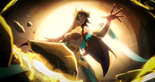 Image is Immortal Journey Irelia from League of Legends - she is a depicted as demigoddess with a flowing white dress with gold accents. Upon her head is a crown of gold in the shape of feather meant to conform with Irelia's original model, while also highlighting her divinity. She has her arm outstretched in an action pose, enacting the power of Talon's dragon magic locked into her blades