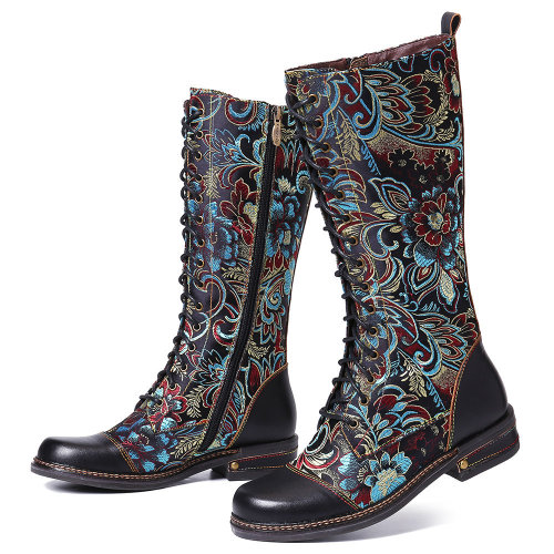 Elegant Flowers Printing Lace Up Block Heel Ankle BootsClick HERE15% OFF coupon code： tumblr789