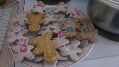Josh and I made gingerbread men… Gingerbread zombies, and gingerbread Cybermen!!