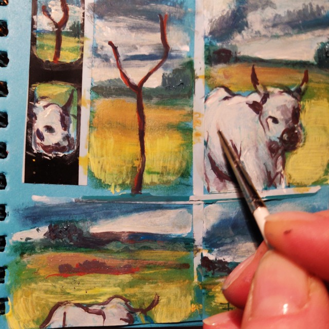 #the100dayproject2022 days 73-75. Acrylic sketching of cow and rural landscape by Yulia A. Korneva #the100dayproject 2022 giorni 73-75. Paesaggio rurale e ritratto della mucca con acrilico stile macchiaioli 100-дневный проект дни 73-75. Живопись акрилом.