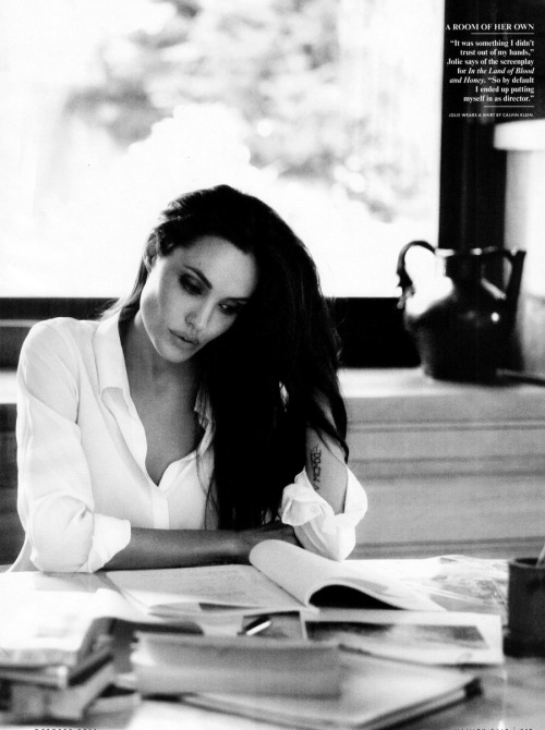 Angelina Jolie reading for Vanity Fair, October 2011. Photographs by Met Alas and Marcus Piggott. “I