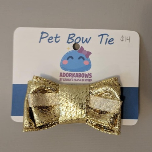 I made bow ties for pets. They have 4″ soft loop-and-latch straps that go around your pet’s collar. 