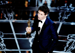 kinginthenorths:Winner for Best Actor Eddie Redmayne on stage at the 87th Oscars February 22, 2015 in Hollywood, California