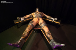tapedandtortured:    Part 3 in the series.   With his thighs, torso, and head bound to the cross, we have full immobility. No escape from this point onward. Parts 1 and 2 of the series are here and here. @heavybondageforlife 
