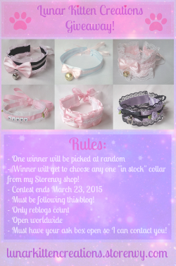 lunarkittencreations: It’s that time again! In honor of Lunar Kitten Creations turning 1yr old, I’m holding another giveaway! Rules are as stated above, any questions can be directed to my ask. Good luck!! ❤❤❤