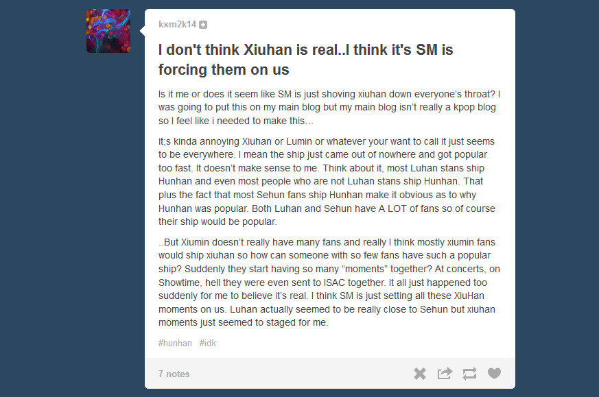 "i don't think xiuhan is real..." "i think sm is forcing them on us" jsyk xiuhan existed pre-debut   mama era