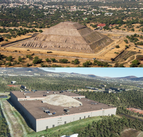 Top: The Pyramid of the Sun, an ancient stepped pyramid with a square base.

Bottom: The Fight Simulator version, now a square warehouse with a tiny weird dome on part of its roof.