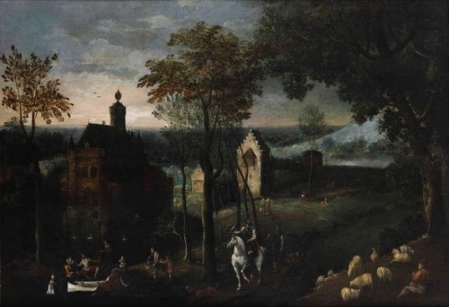 Gillis van Coninxloo (1544 - 1607)Hilly landscape with elegant figures near houses at the fringe of 