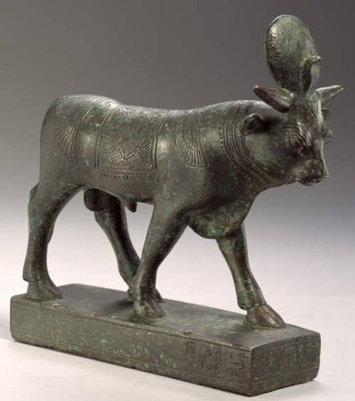 Apis bull Solid cast bronze statue of the Apis bull, solar disc with cobra uraeus, anthropomorphic i