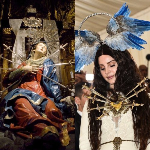 sinnamonscouture:  A Look at The inspirations behind some of the #MetGala looks: Zendaya (Joan of Arc)Lana Del Rey (Our Lady of Sorrows) Ariana Grande (The Last Judgment by Michelangelo)Taylor Hill. (The Pope)