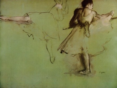 aestheticgoddess:
“ Dancers at the Barre (study), Edgar Degas, 1877
”
