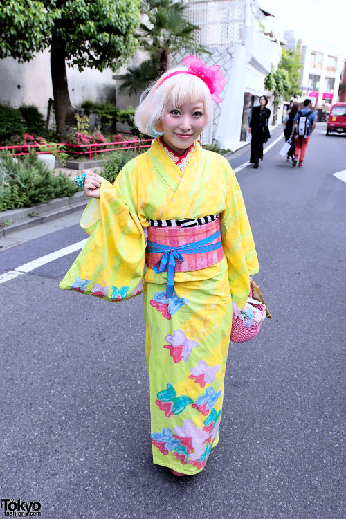 tokyo-fashion:Kumamiki on Cat Street wearing a kawaii kimono! Kuma designed this kimono herself &a