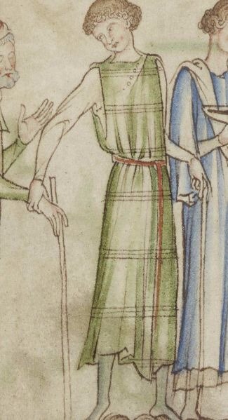 Left: Illustration of a green belted surcote ca. 1250. Right: Green plaid belted dress from Spring 2