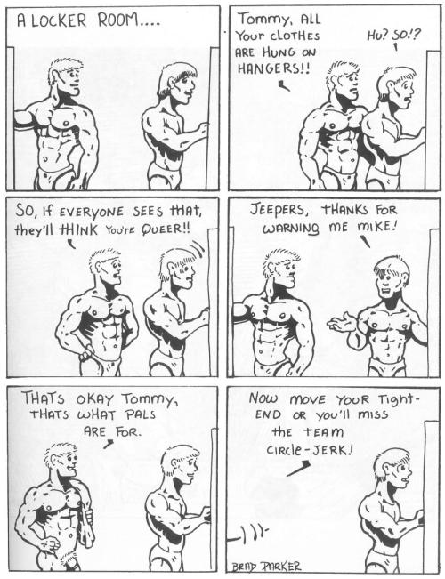 A locker room cartoon strip by Brad Parker (AKA Ace Moorcock).