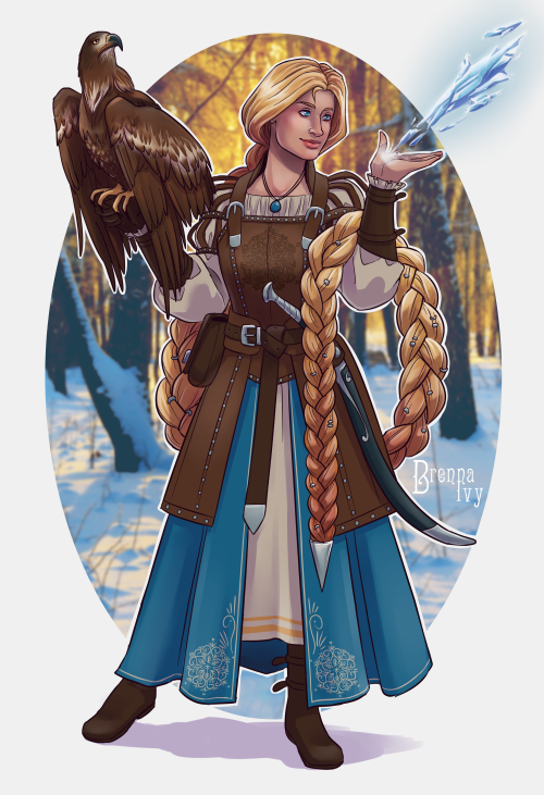 Commission for a friendHer Pathfinder character, a Witch/Arcane Trickster with an Eagle familiar. Sh