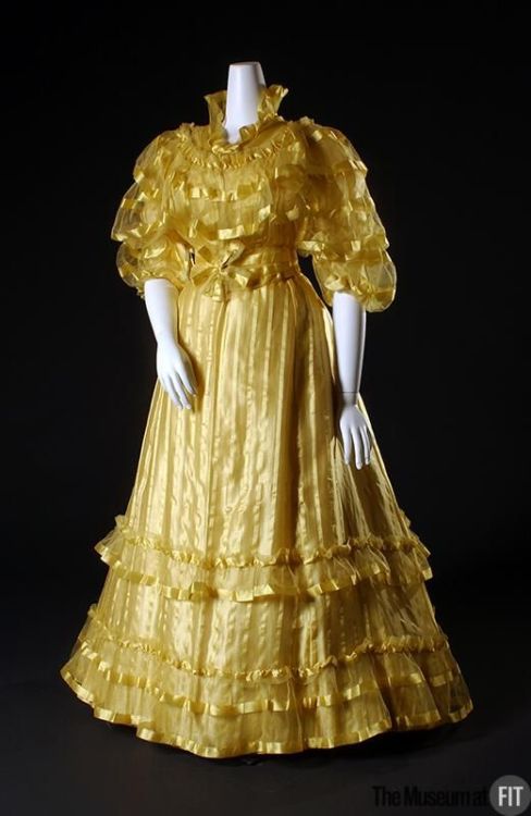 House of Worth,Yellow satin stripe silk gauze dress, c.1892(fashionmuseum.fitnyc.edu)