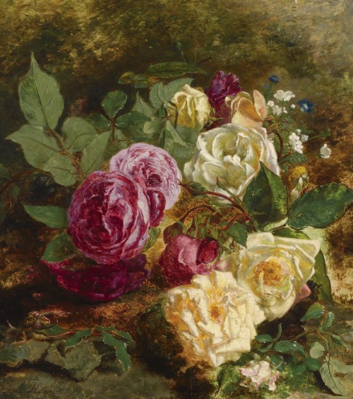 art-and-things-of-beauty:Adriana-Johanna Haanen (Dutch, 1814-1895) - Still life with roses, oil on c