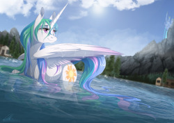 dennybutt-art:  I always wanted to know what best princess Celestia looked like with wet hair, so I ended up with this! :DI’m  mega proud of this, (mostly with the water and the mountains,  especially the mountains because I usually take days on mountains