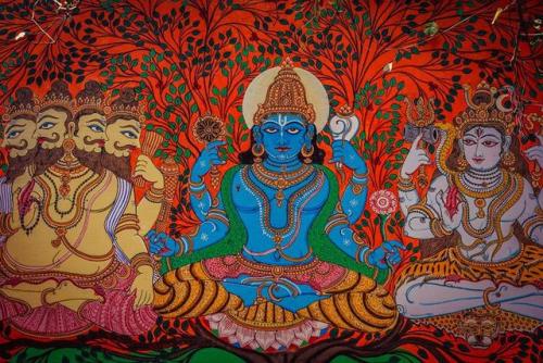 Brahma, Vishnu and Shiva, pata painting from Odisha, photo by Indradyumna Swami