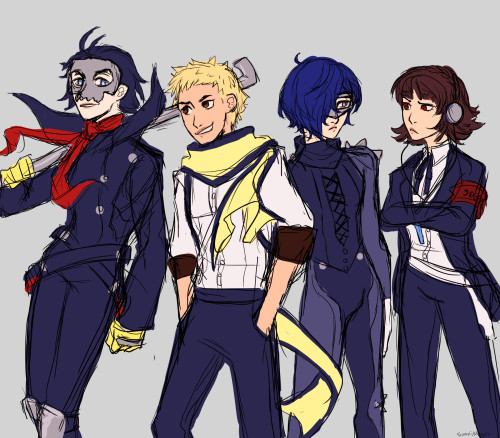 Doodle of Ryoji and Makoto from Persona 3 swapping outfits with Ryuji and Makoto from Persona 5. Ryoji, dressed as Skull, shares a grin with Ryuji who is wearing his only outfit characterized by a yellow scarf and suspenders. Makoto Nijima, dressed in a SEES uniform with headphones, glares suspiciously at Makoto Yuki, who stares back blankly while dressed as Queen.