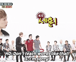 deerxings:  (63/∞) Yixing gifs: When Sehun teaches innoncent Yixing to say ‘kanji’ (an informal and not very polite slang word teenagers use: x)  