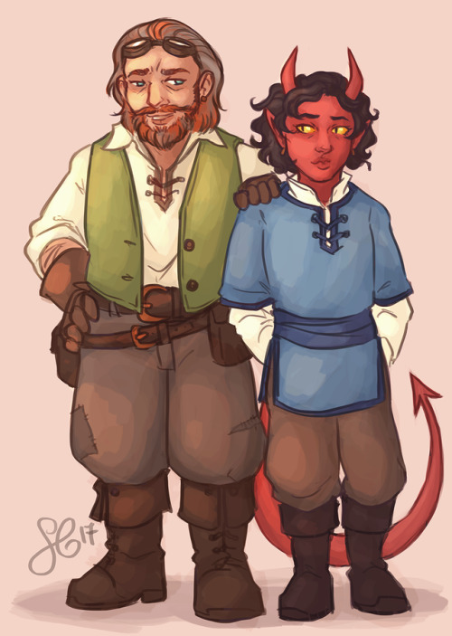 Ember Coppersmith (the tiefling also known as Pulchritude), aged 8, with their adoptive father, dwar