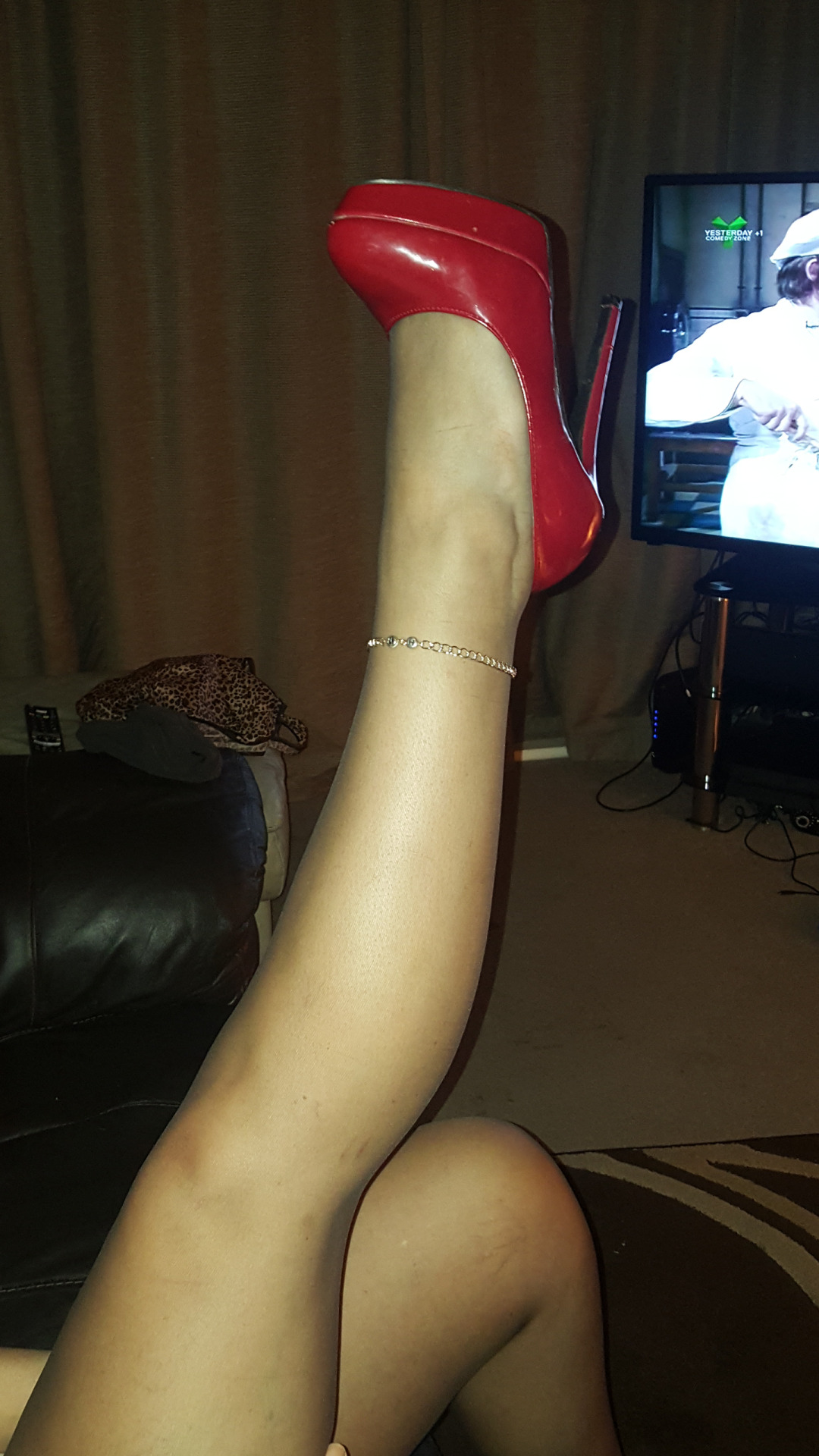 lickmywife69:  love my wife in her barley black tights red stilettos and her “HOT