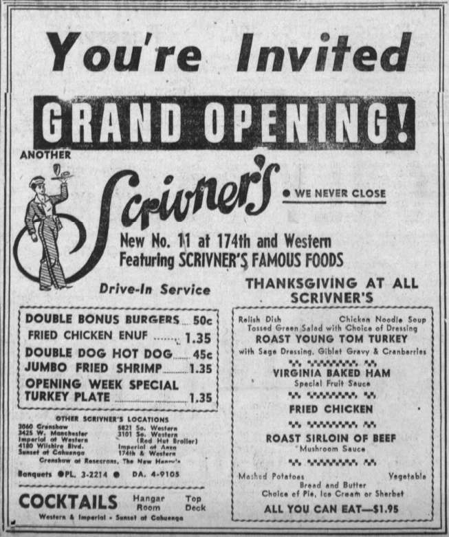 This November 1956 advertisement for Scrivner’s invited Torrance Press readers to the grand opening of its eleventh location at 174th Street and Western Avenue. One of Los Angeles’ celebrated drive-in restaurants of the 1950s, Scrivner’s was also...