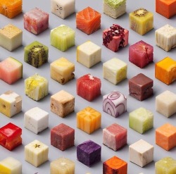 otrying-to-find-the-in-betweeno:  sixpenceee:  Various foods cut in to perfect cubes. Link to full picture and artist http://lernertandsander.com/cubes/  This is oddly satisfying 