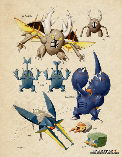 [PKMN Vintage Bug Type - Beetles]Vintage style illustrations of my favorite Pokemon type janapple513