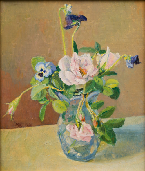 Roses and violets    -    Martti Ranttila, 1942.Finnish,1897-1964oil on canvas, 34 x 29 cm.