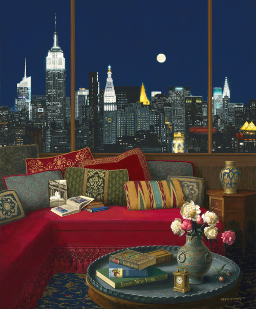 lilacsinthedooryard: Jenness Cortez (United States, 1944)Manhattan In The Moonlight” Acry