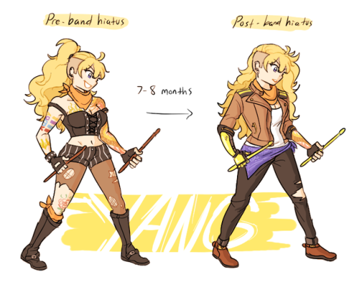 new designs for my interpretation of the rwby rock au! ^v^ the new designs (on the right) are how they look 7-8 months later after yang and blake’s dangerous fight with adam’s band, white fang, and putting the band on a hiatus due to blake and yang’s