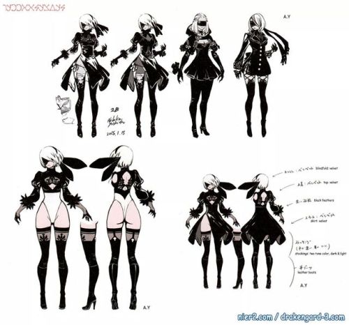 inspomilk:Character design concepts of 2B, 9S, A2, Pod 042 and Pascal from NieR:Automata Translation credit: @rekka-alexiel nier2.com