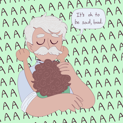 dramatic-audio:fesenmoon:dad hugs from episode 70 [ID: two drawings of scenes from Not Another D&amp