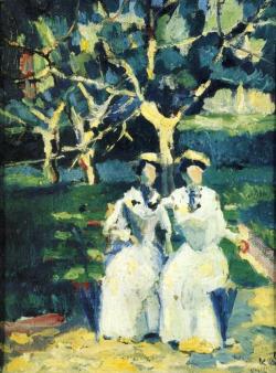 artist-malevich:  Two Women in a Garden via Kazimir MalevichSize: 28x21.5 cmMedium: oil on canvas
