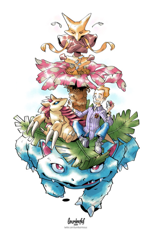 Commission à la Ken Sugimori, for a Trainer with his loyal companions Venusaur, Sandslash, and Alaka